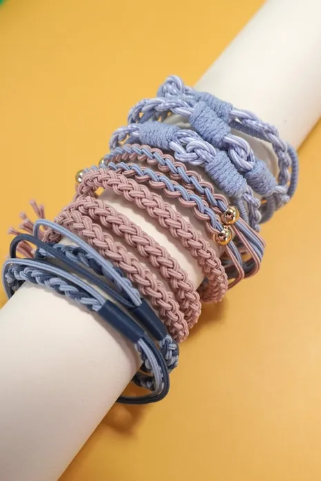 10 Set Blue & Mauve Hair Tie Bracelets