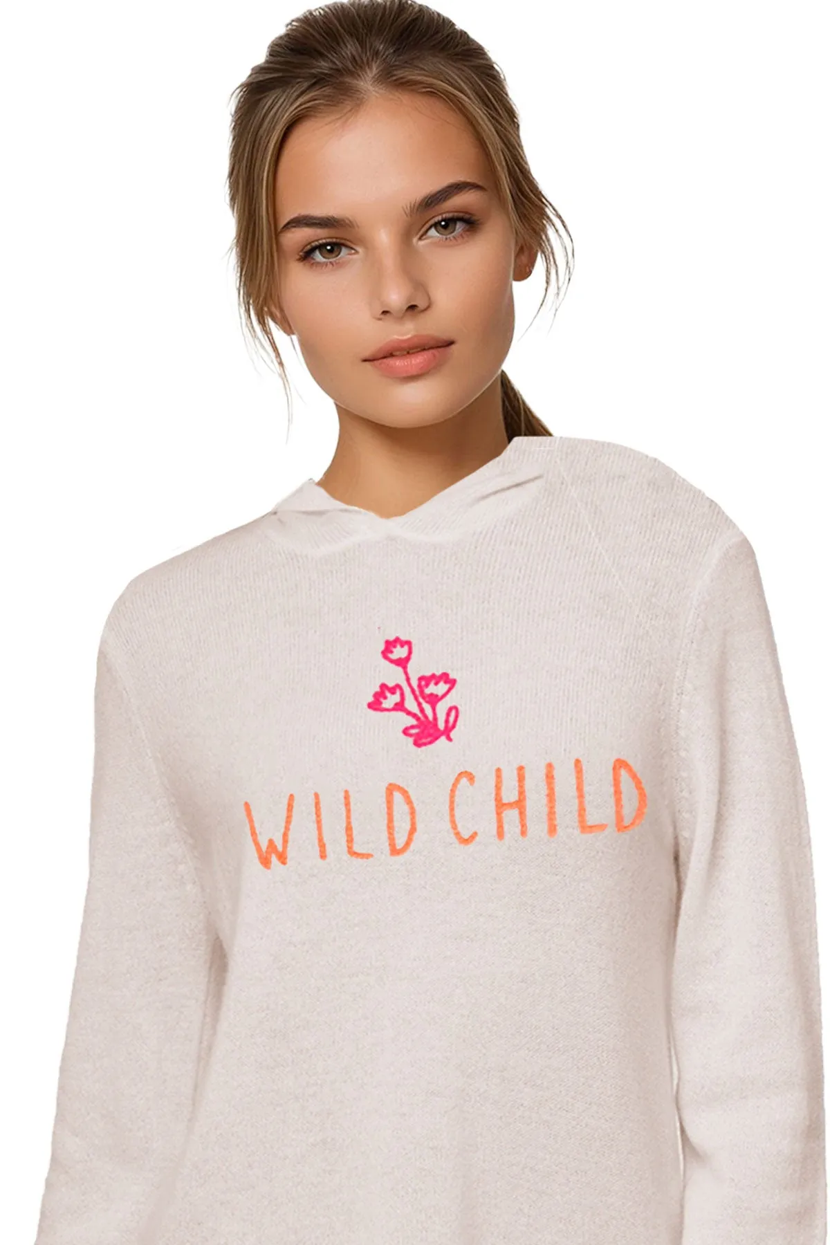 100% Cashmere Hoodie Sweater in Oatmeal with Wild Child Embroidery Stitch