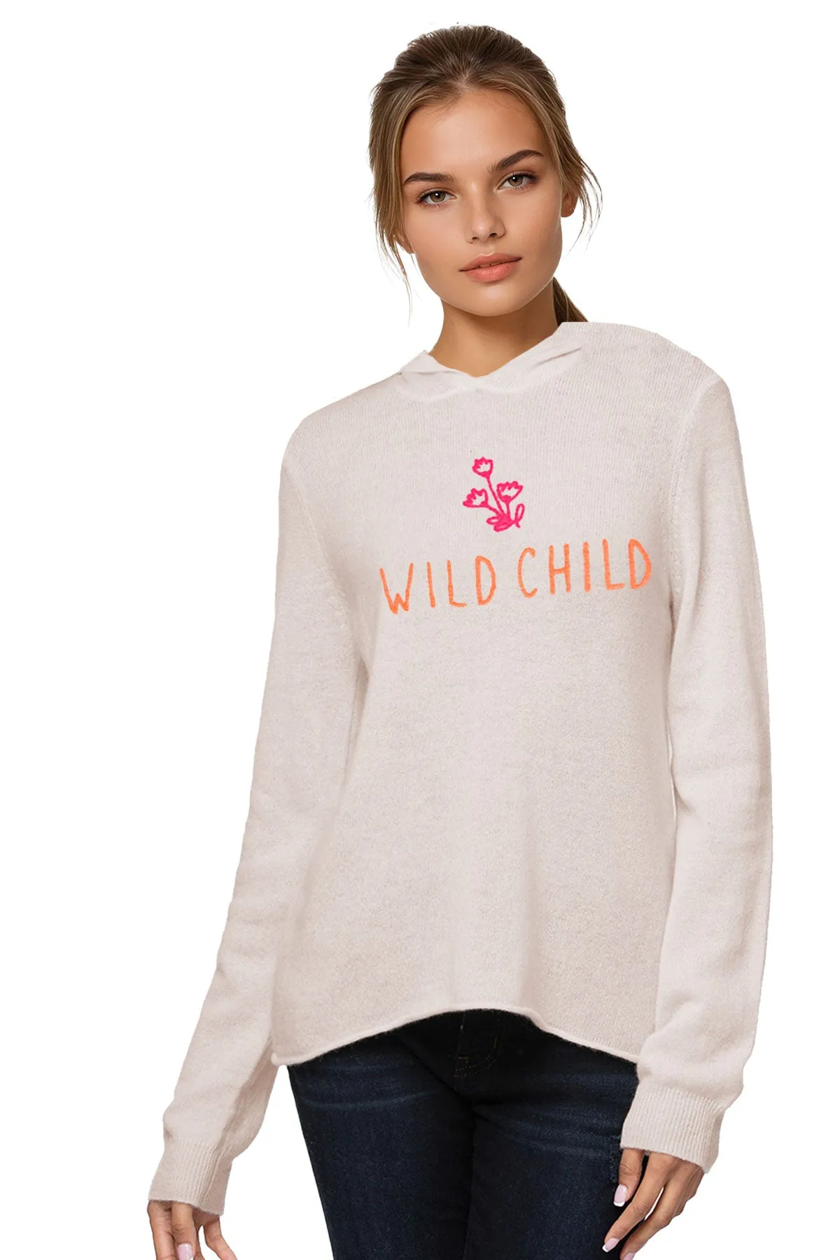 100% Cashmere Hoodie Sweater in Oatmeal with Wild Child Embroidery Stitch