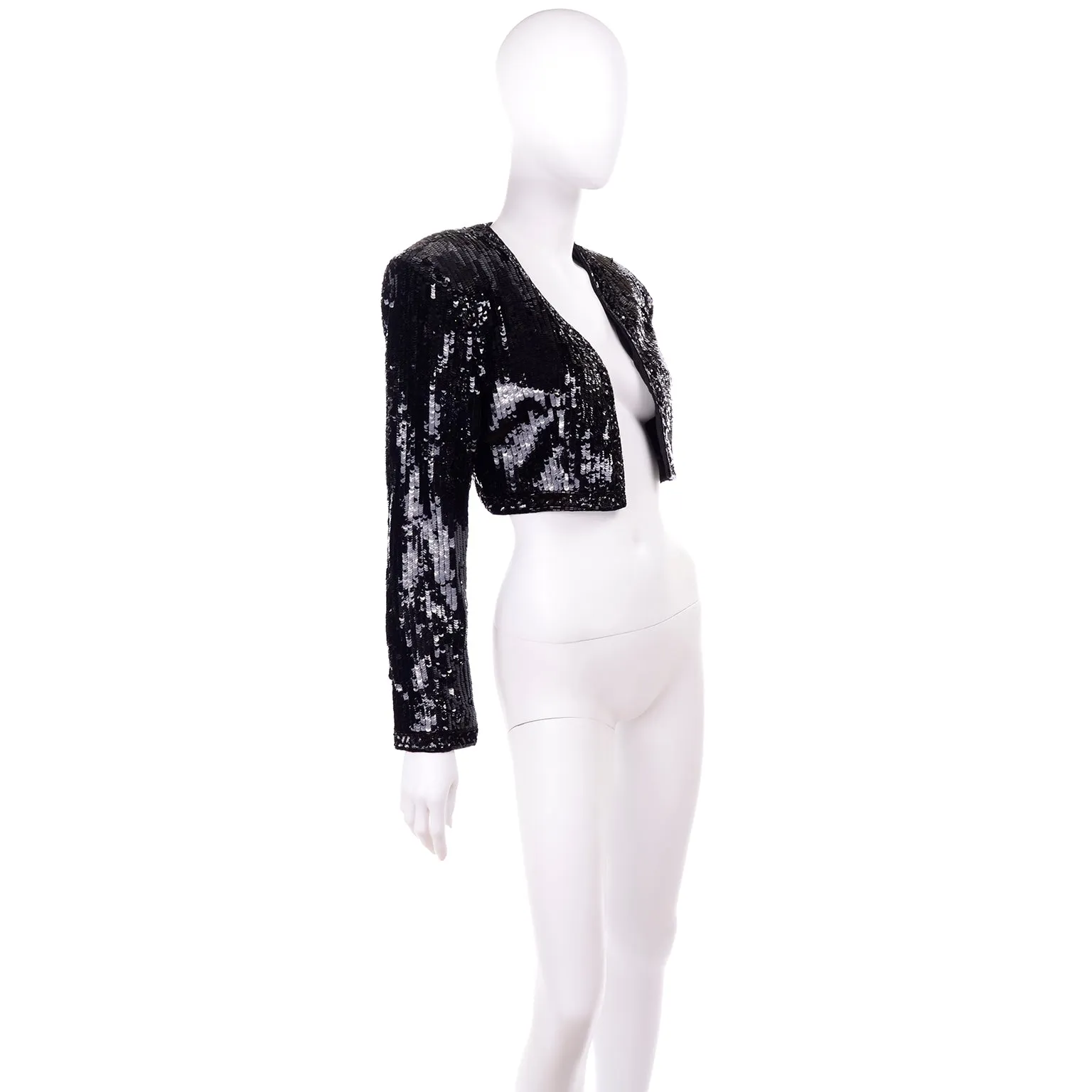 1990s Fabrice Silhouette Beaded & Sequin Cropped Black Evening Jacket