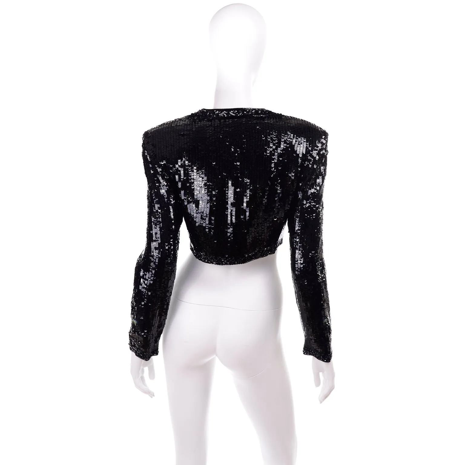 1990s Fabrice Silhouette Beaded & Sequin Cropped Black Evening Jacket