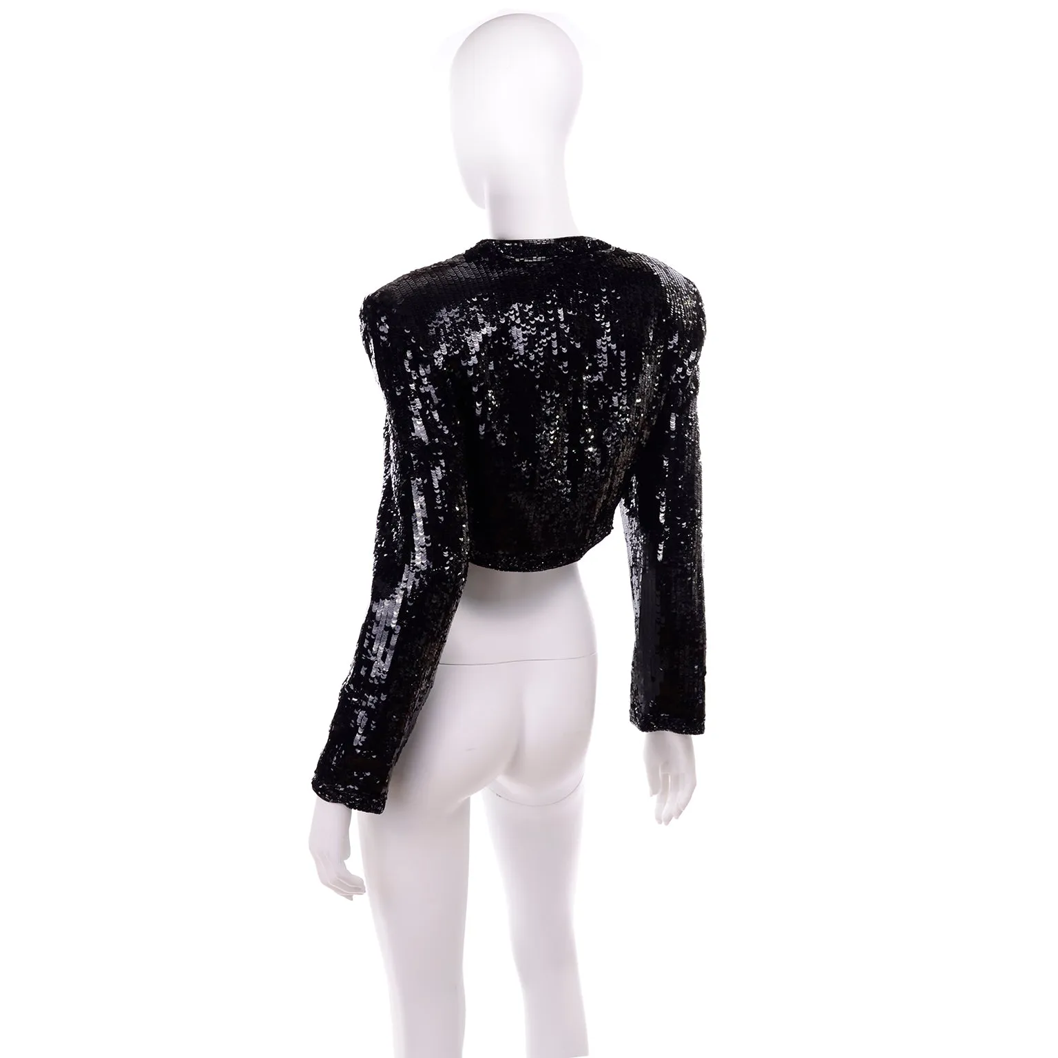 1990s Fabrice Silhouette Beaded & Sequin Cropped Black Evening Jacket