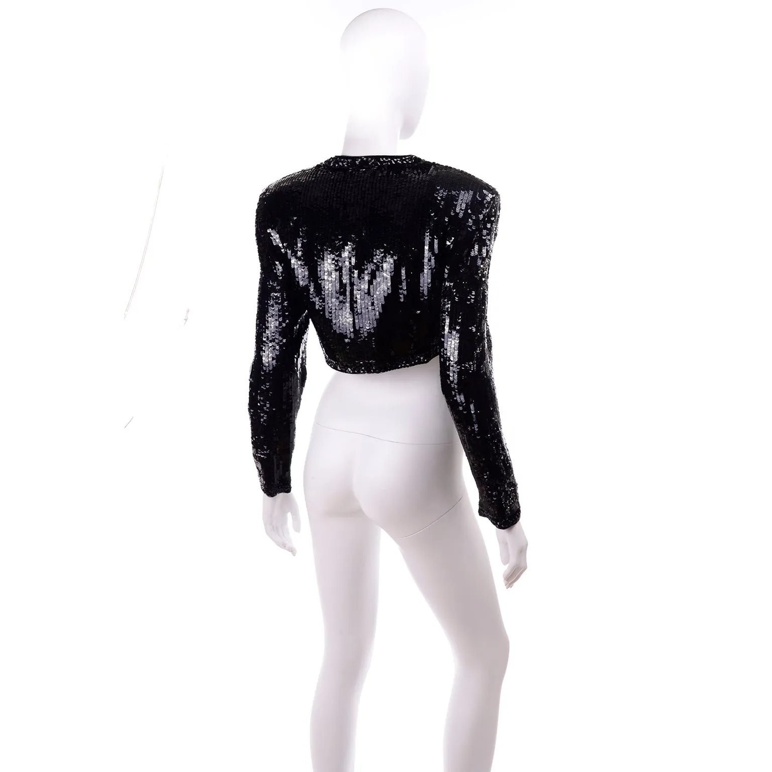 1990s Fabrice Silhouette Beaded & Sequin Cropped Black Evening Jacket