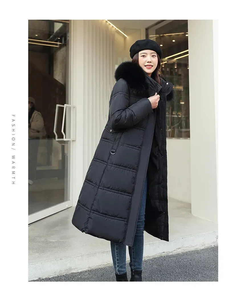 2022 Winter New Down Cotton Parkas Jacket Women's X-Long Faux Fur Collar Padded Jacket Thick Loose Large Size Padded Jacket