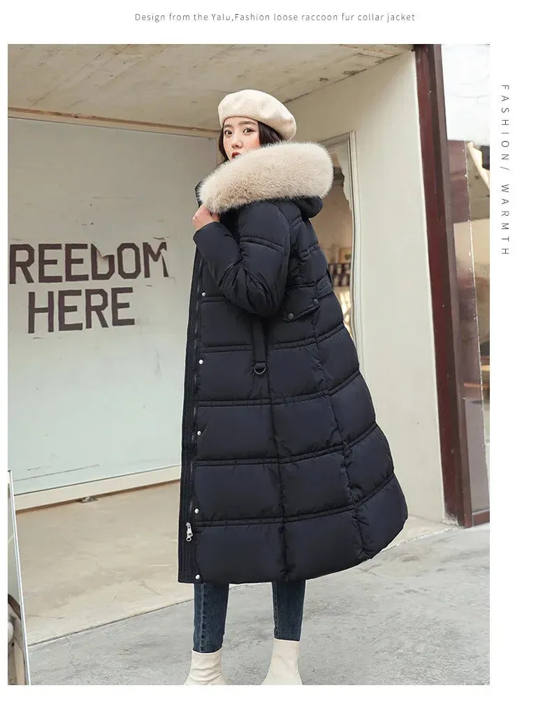 2022 Winter New Down Cotton Parkas Jacket Women's X-Long Faux Fur Collar Padded Jacket Thick Loose Large Size Padded Jacket