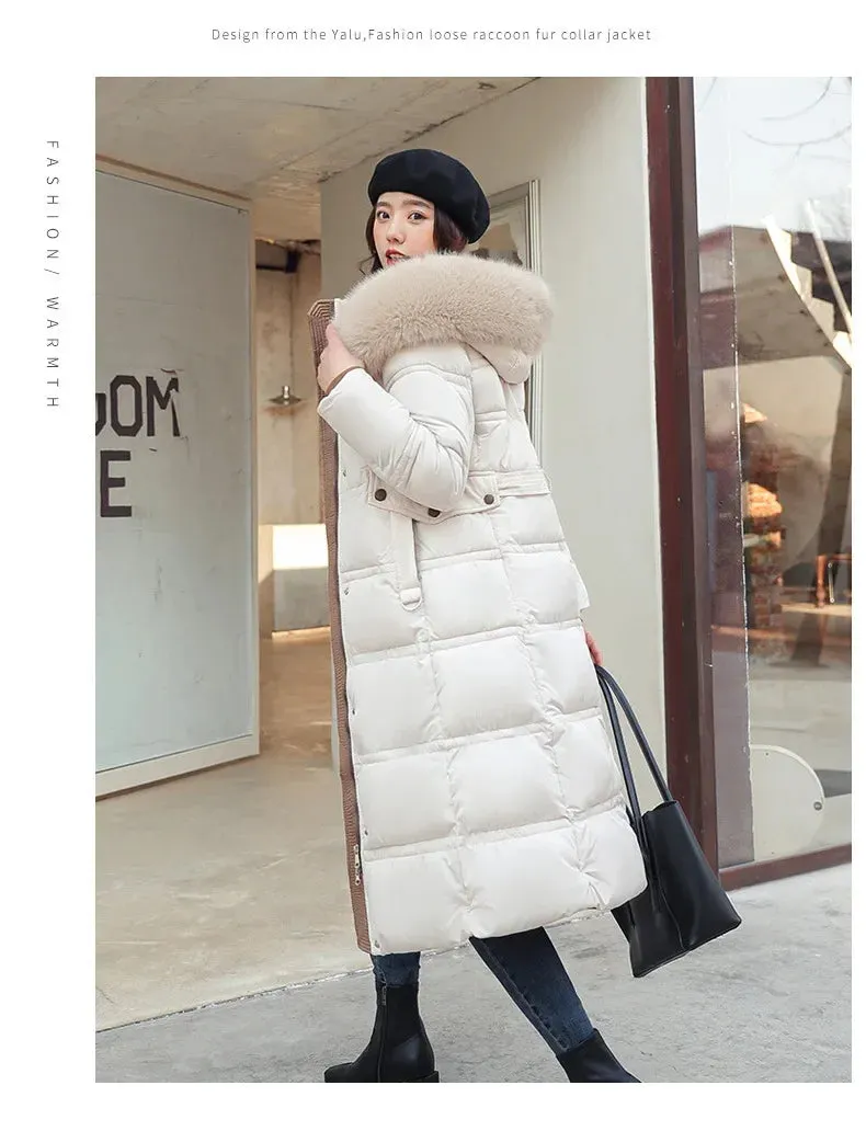 2022 Winter New Down Cotton Parkas Jacket Women's X-Long Faux Fur Collar Padded Jacket Thick Loose Large Size Padded Jacket