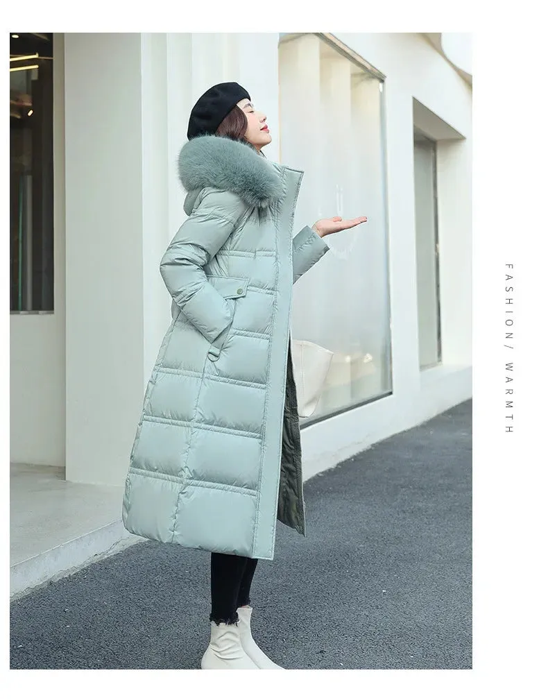 2022 Winter New Down Cotton Parkas Jacket Women's X-Long Faux Fur Collar Padded Jacket Thick Loose Large Size Padded Jacket