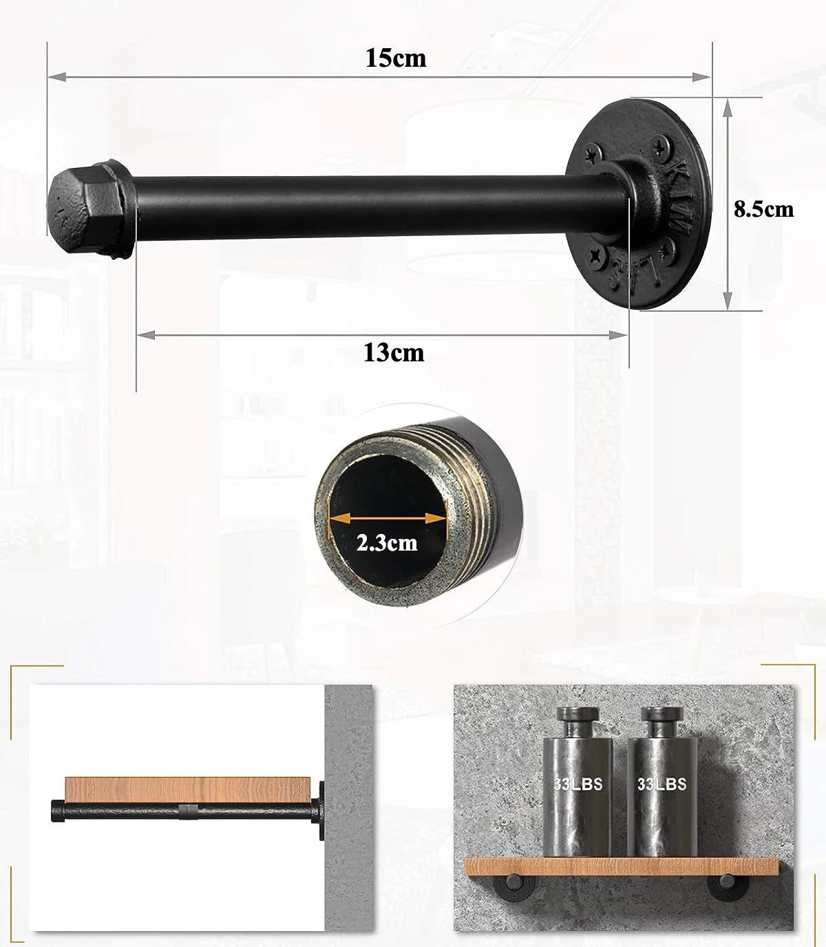 4pack Industrial Iron Pipe DIY Floating Shelf Bracket-15CM