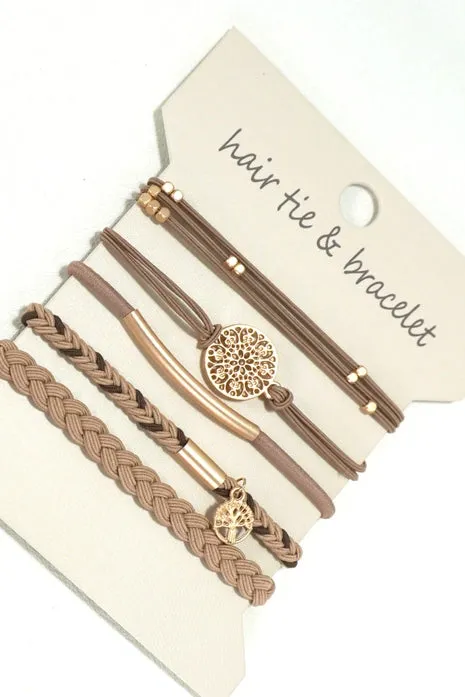 5 Set Brown & Gold Hair Tie Bracelet