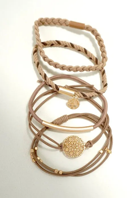 5 Set Brown & Gold Hair Tie Bracelet