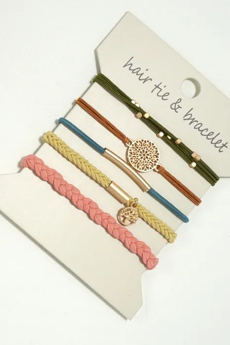 5 Set Multi & Gold Hair Tie Bracelet