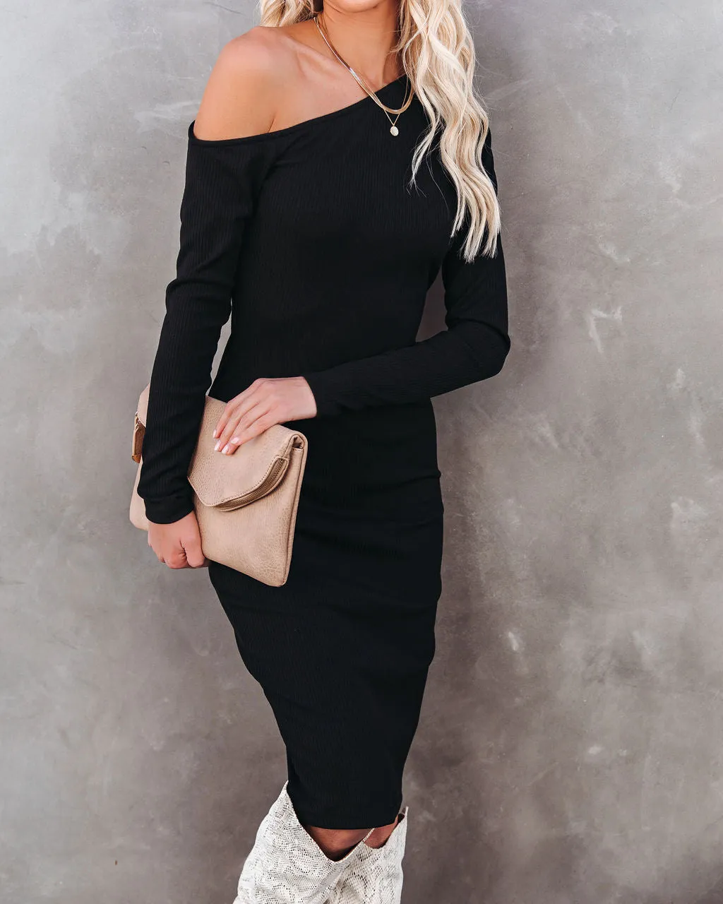 Arielle Off The Shoulder Ribbed Knit Midi Dress - FINAL SALE