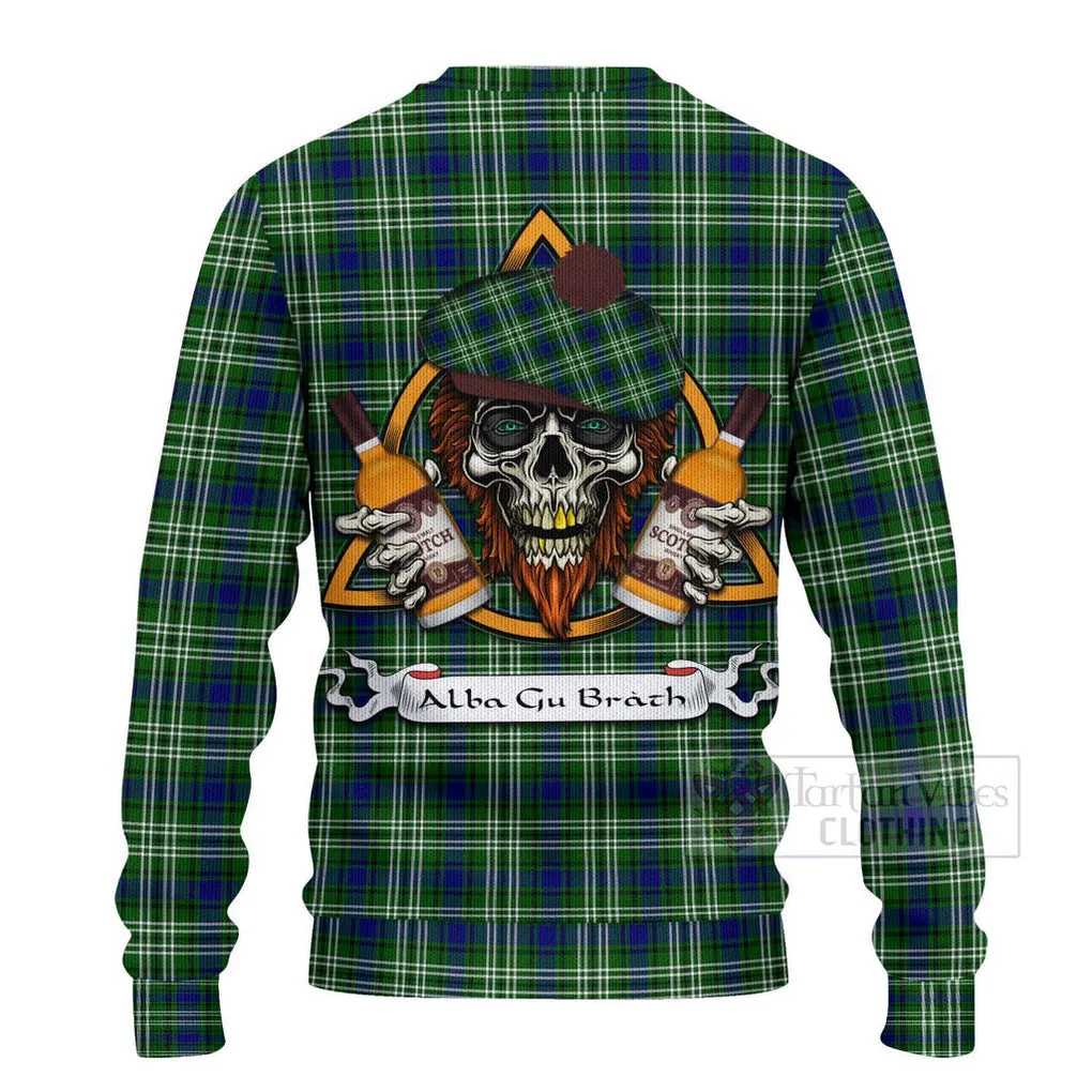 Blackadder Tartan Ugly Sweater with Family Crest and Bearded Skull Holding Bottles of Whiskey