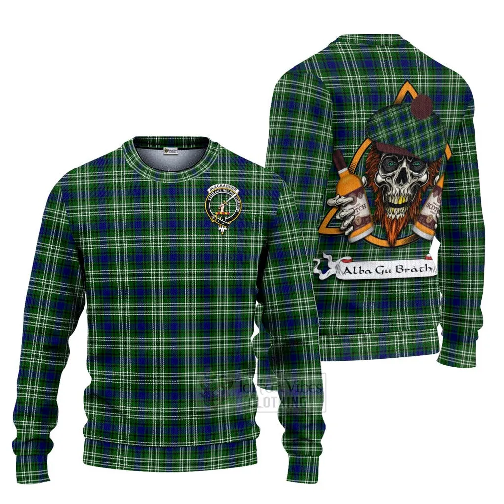 Blackadder Tartan Ugly Sweater with Family Crest and Bearded Skull Holding Bottles of Whiskey