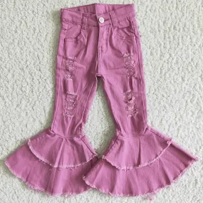 Boutique Baby Girls Denim Pants Girls Jeans Double Ruffle Bell Bottom Pants C13-11