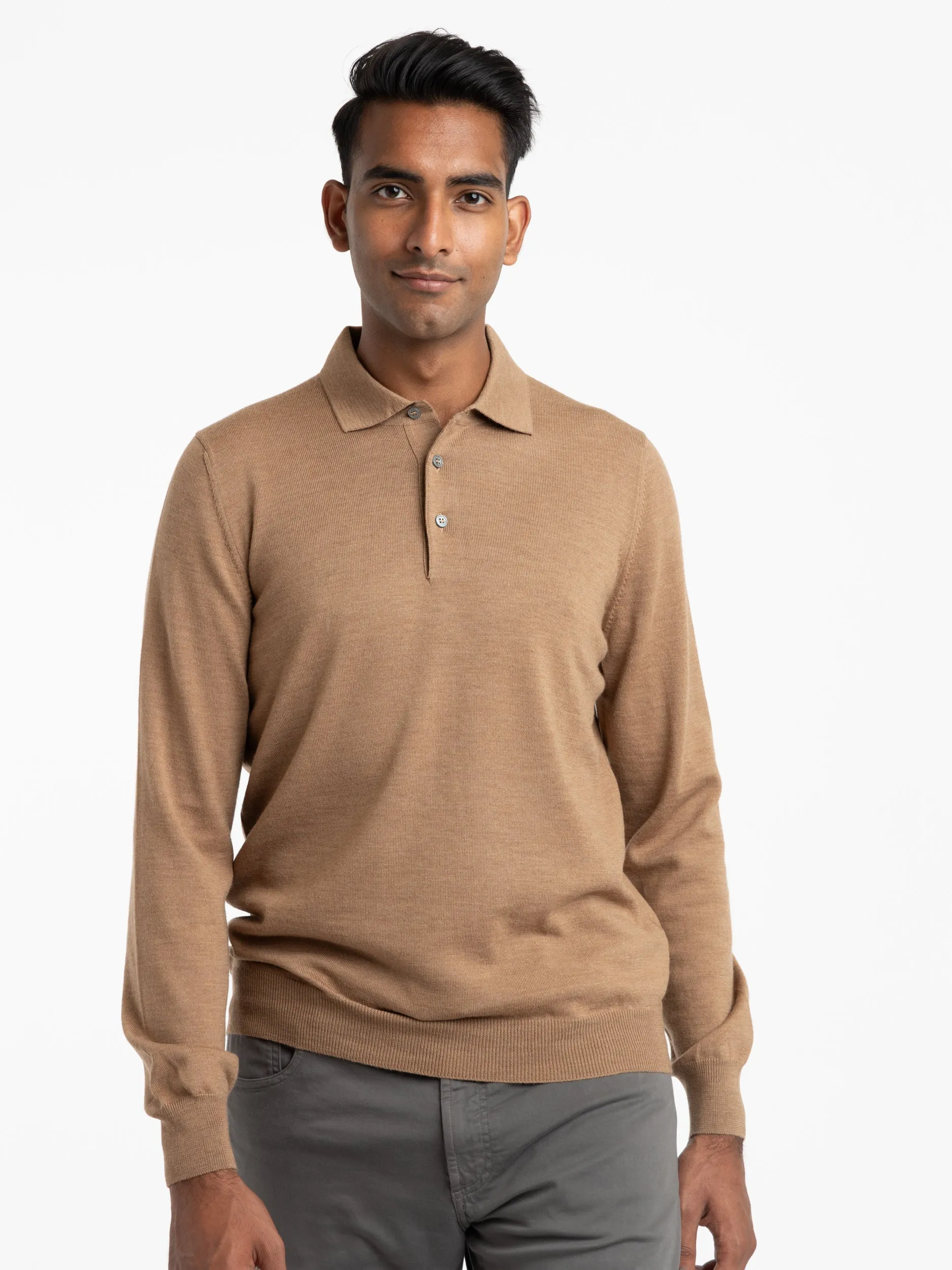 Camel Brown Extra Fine Merino Wool Polo Shirt