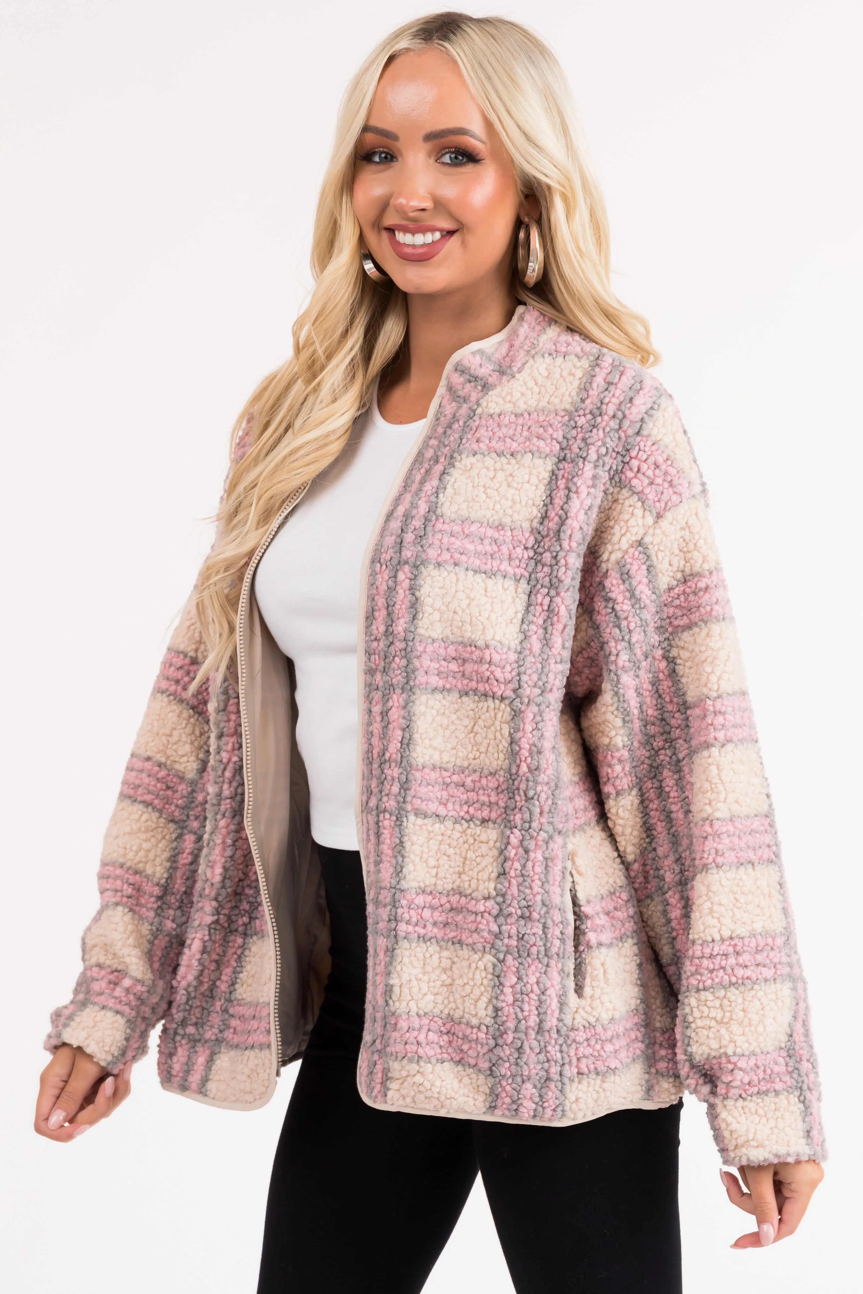 Champagne Plaid Sherpa Zip Up Jacket