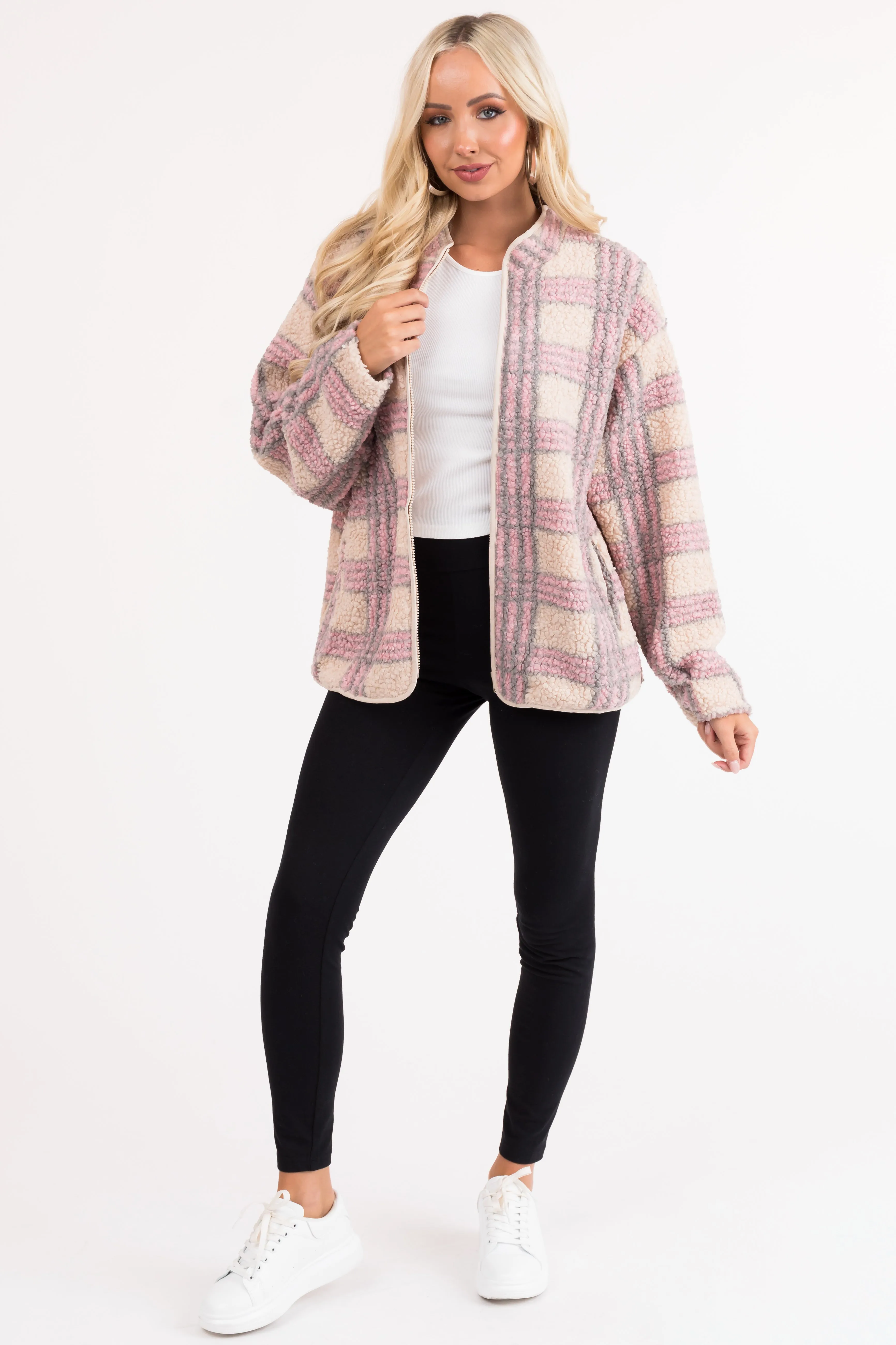 Champagne Plaid Sherpa Zip Up Jacket