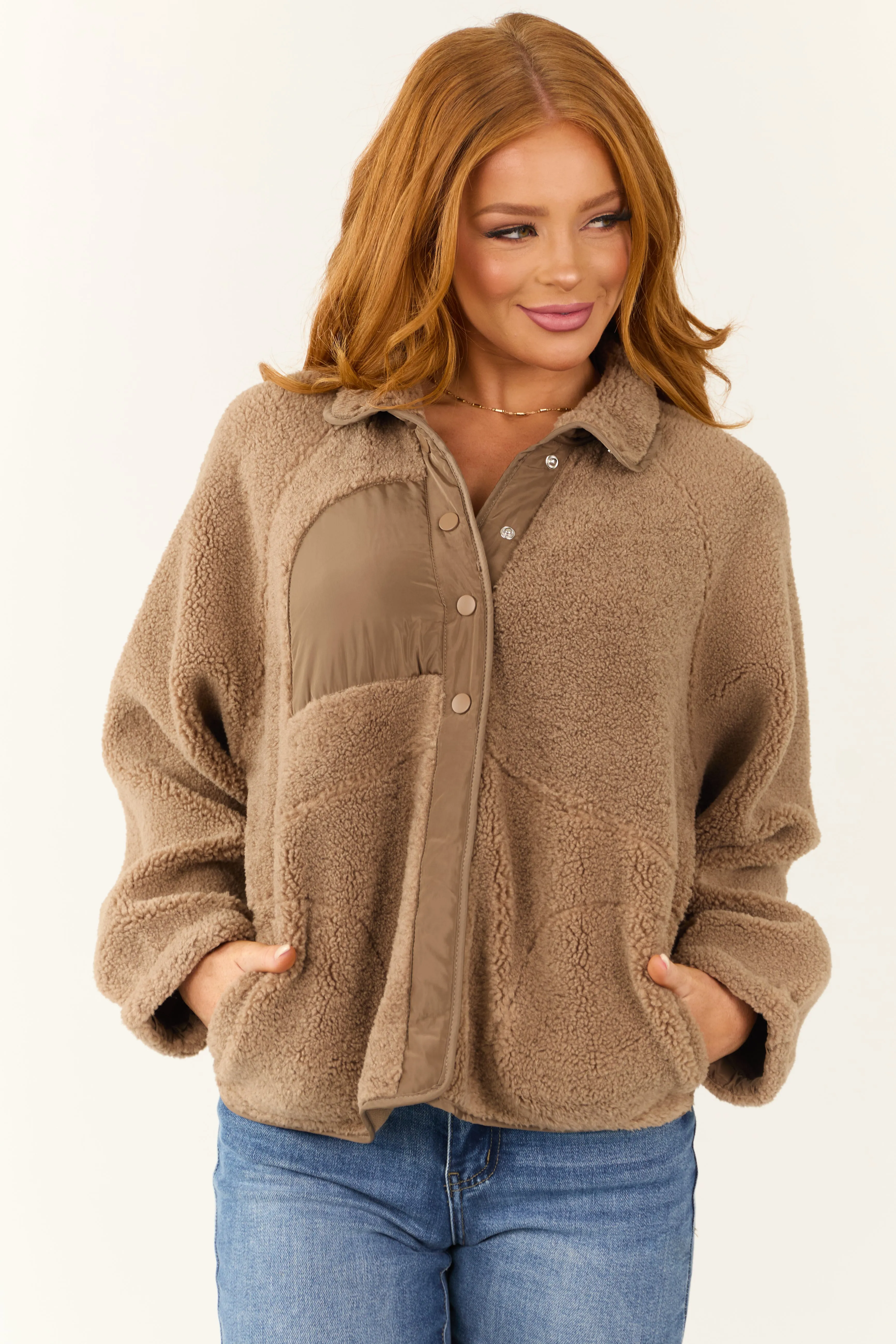 Coffee Snap Button Down Sherpa Jacket