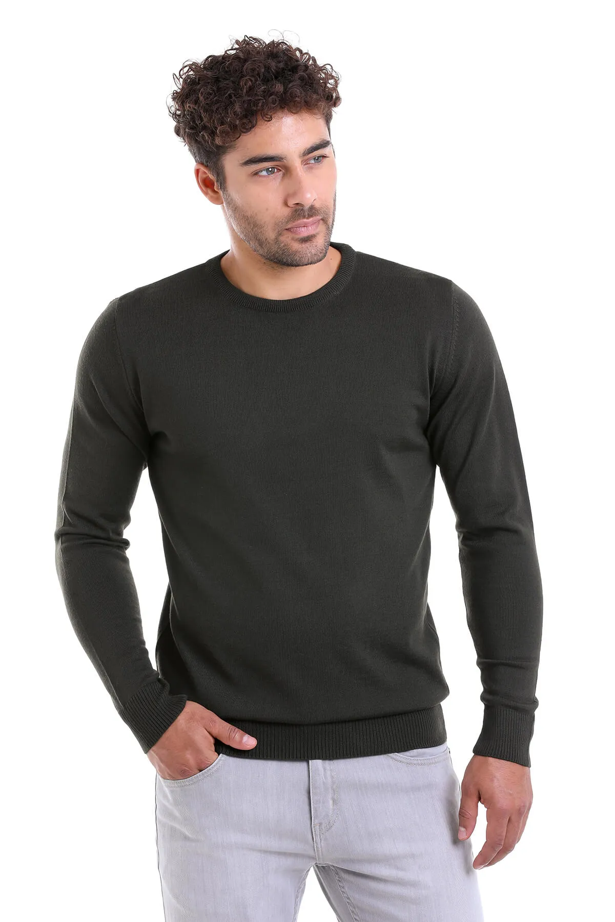 Comfort Fit Wool Blend Khaki Crewneck Sweater