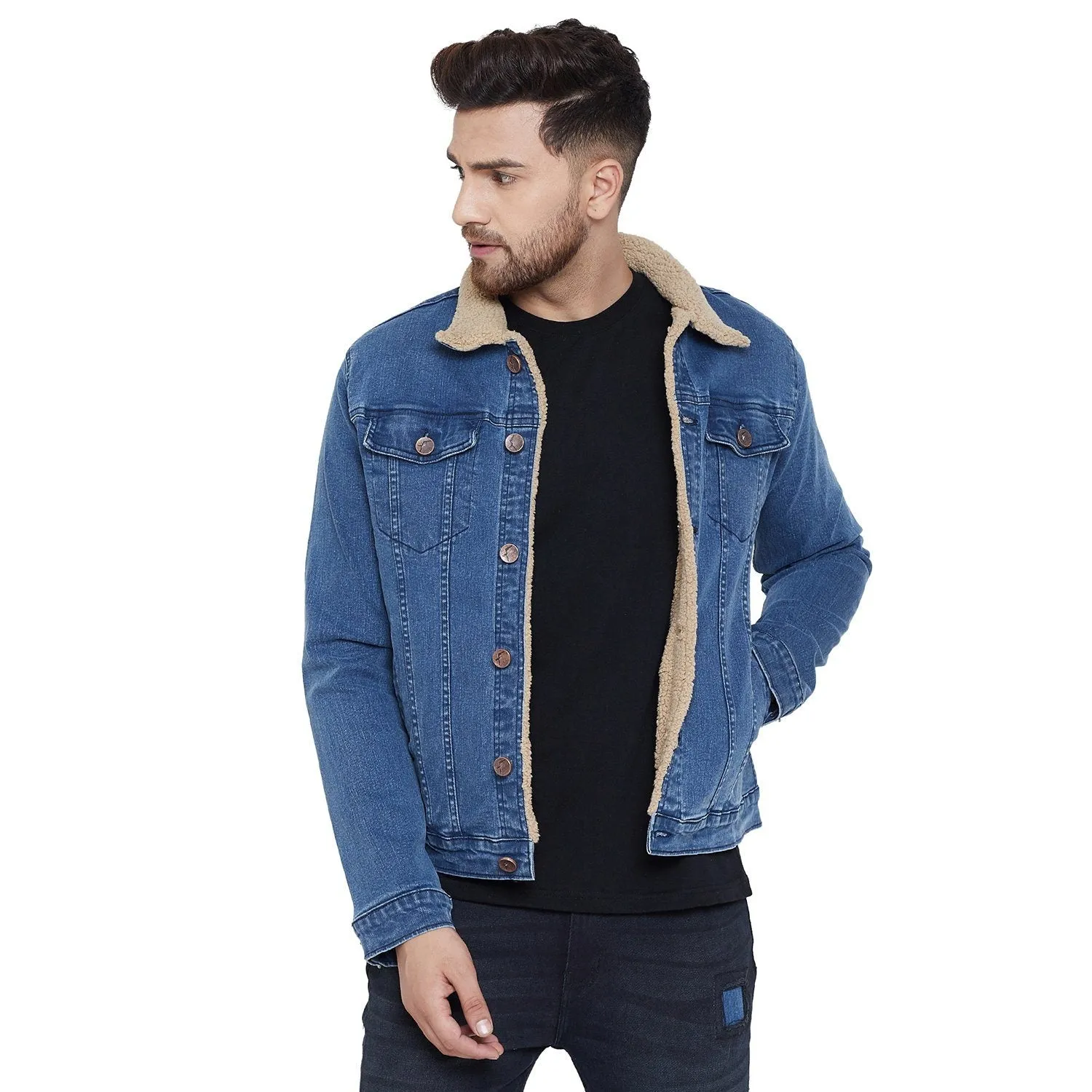 Dark Blue Faux Fur Lined Sherpa Denim Jacket