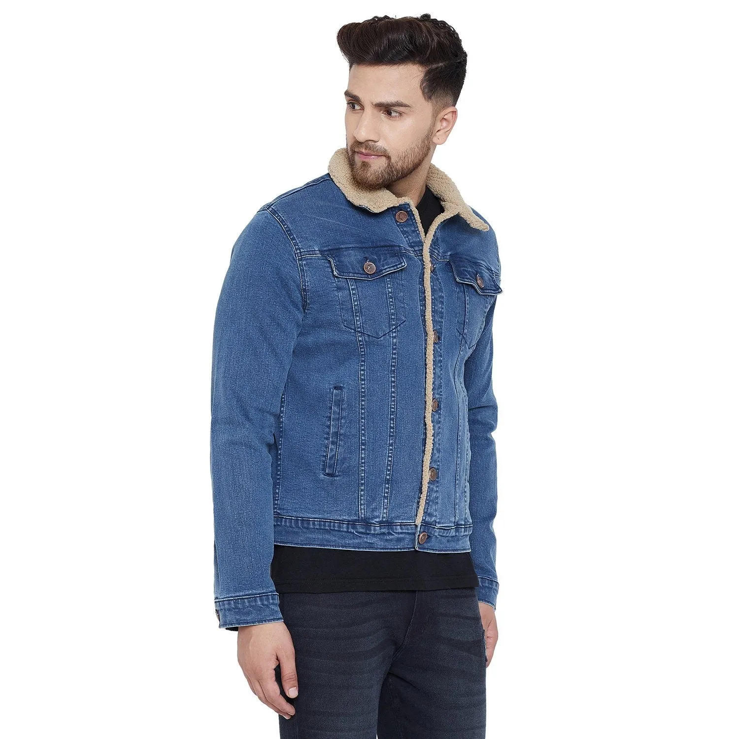 Dark Blue Faux Fur Lined Sherpa Denim Jacket