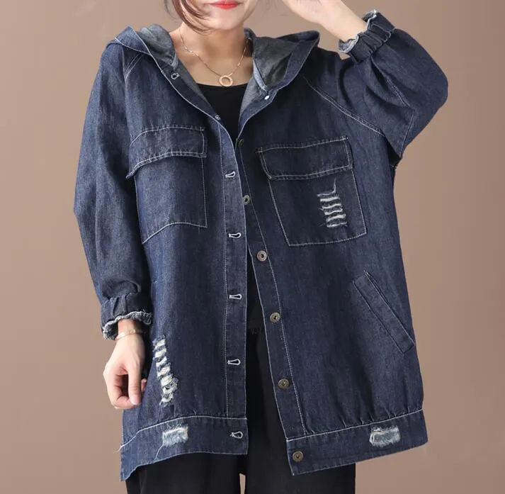 Denim Hooded Loose Short Casual Coat A line Parka Plus Size Coat Jacket