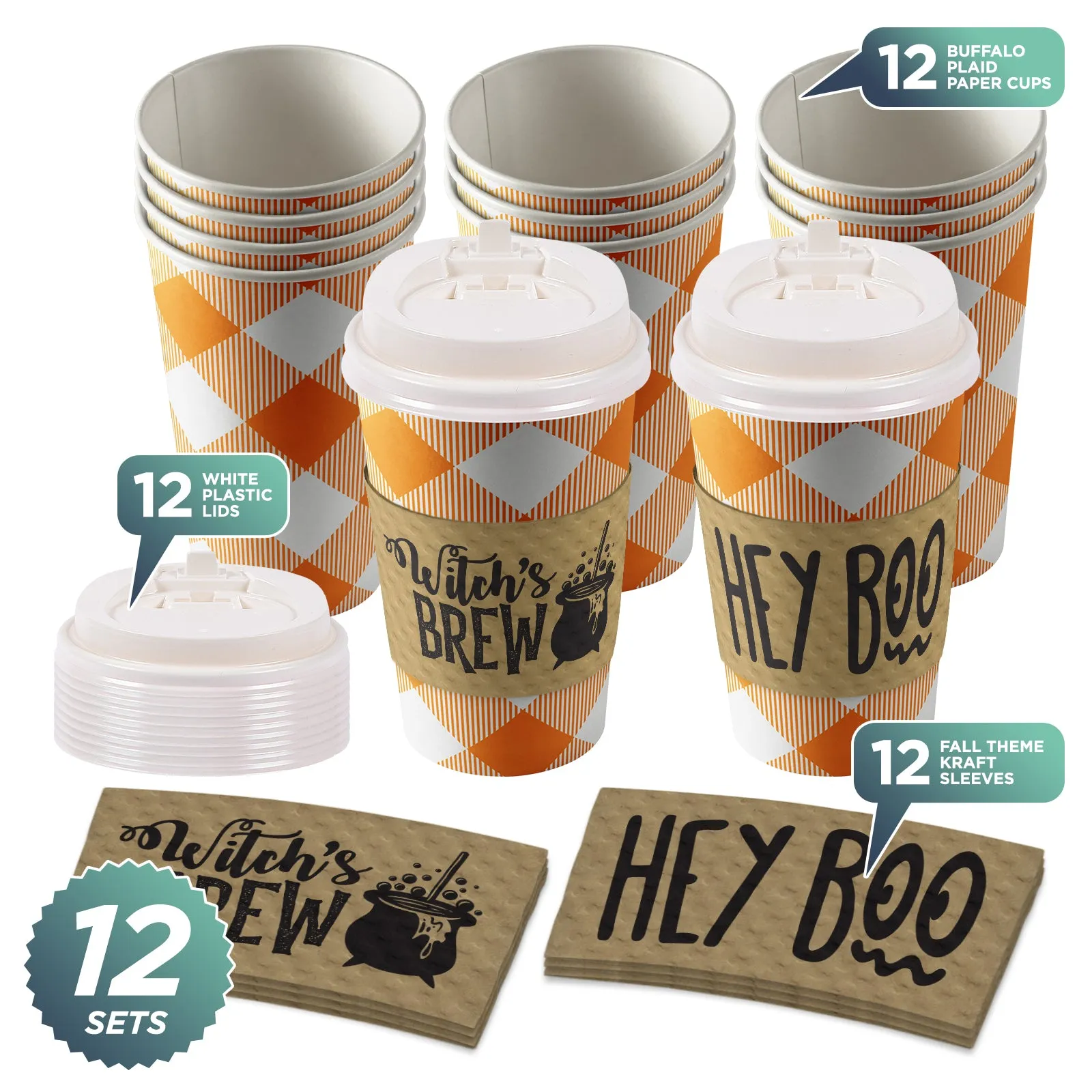 Disposable Coffee or Hot Chocolate Cups - Pumpkin Orange Buffalo Plaid With Lids & Kraft Cup Sleeves in Halloween Designs (Serves 12)