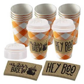 Disposable Coffee or Hot Chocolate Cups - Pumpkin Orange Buffalo Plaid With Lids & Kraft Cup Sleeves in Halloween Designs (Serves 12)