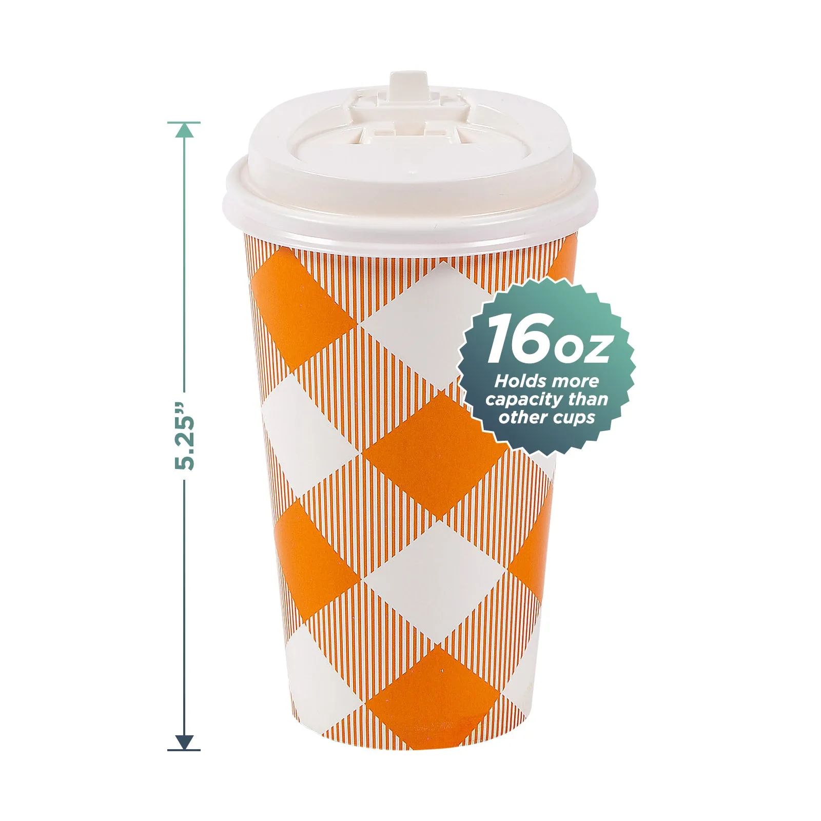 Disposable Coffee or Hot Chocolate Cups - Pumpkin Orange Buffalo Plaid With Lids & Kraft Cup Sleeves in Halloween Designs (Serves 12)