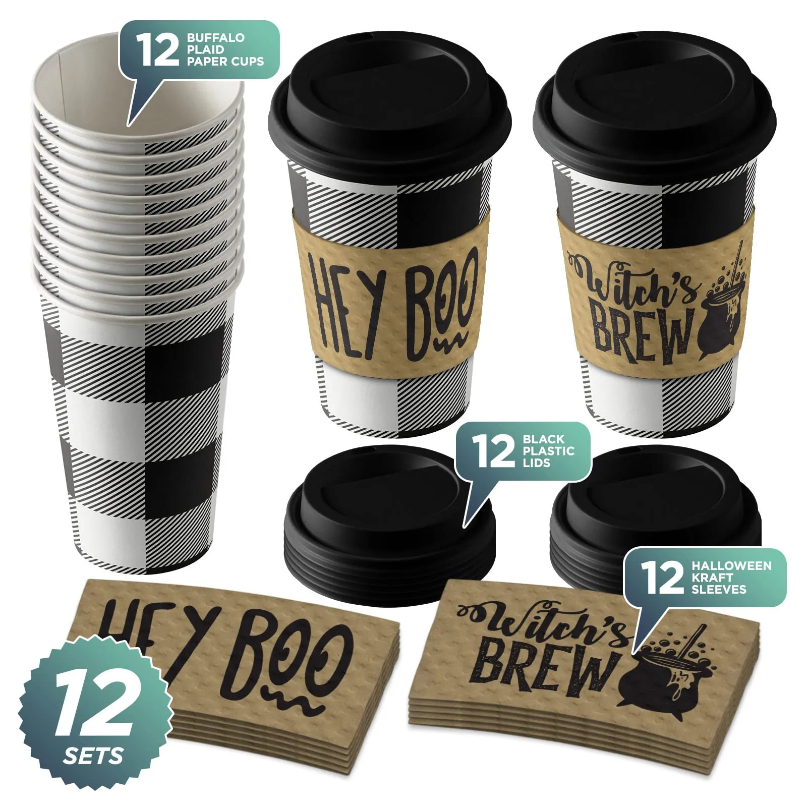 Disposable Coffee or Hot Chocolate Cups with Lids & Kraft Cup Sleeves (Serves 12)