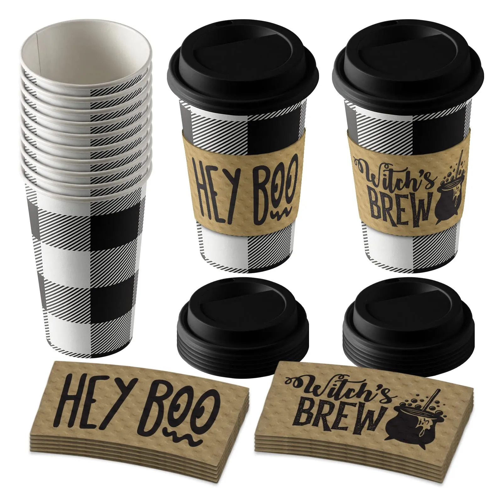 Disposable Coffee or Hot Chocolate Cups with Lids & Kraft Cup Sleeves (Serves 12)