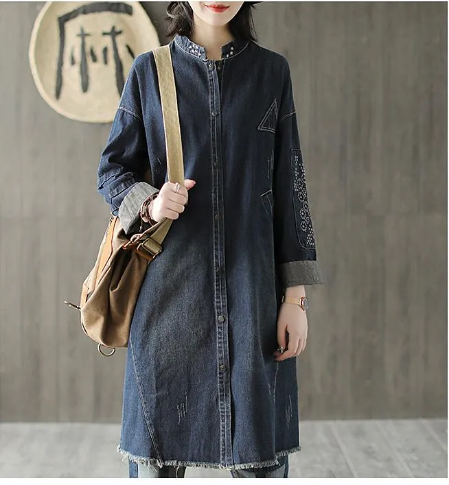 Embroidery Denim Plus Size Loose Casual Coat Parka Coat Jacket