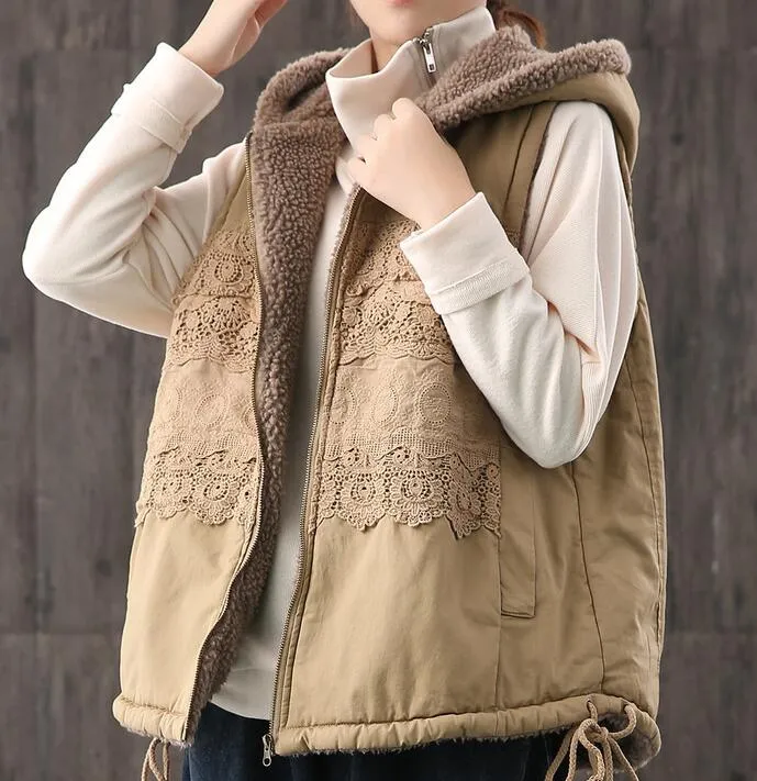 Fleece Vest Lace Trim Casual Coat Loose Hooded  Plus Size Coat Jacket