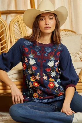 Floral Embroidered Button Top, Navy