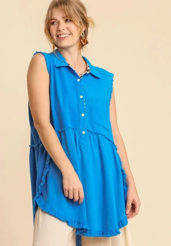 Frayed Sleeveless Tunic, Ocean Blue