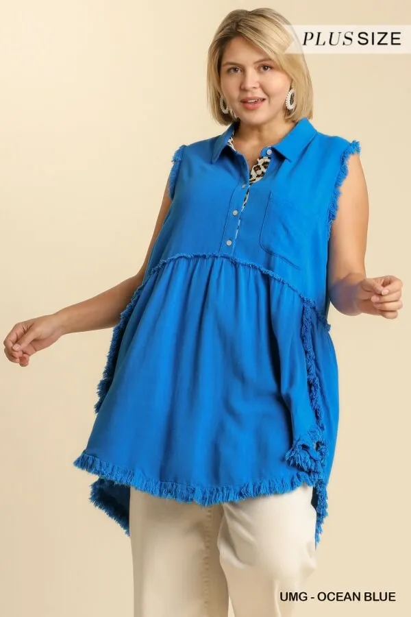 Frayed Sleeveless Tunic, Ocean Blue