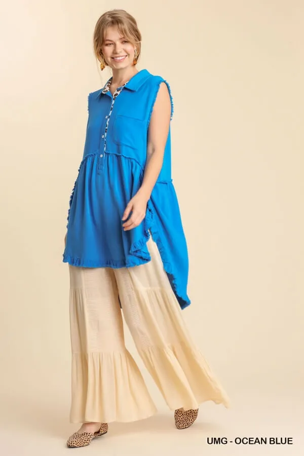 Frayed Sleeveless Tunic, Ocean Blue