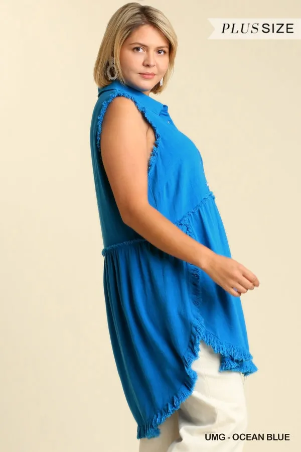 Frayed Sleeveless Tunic, Ocean Blue