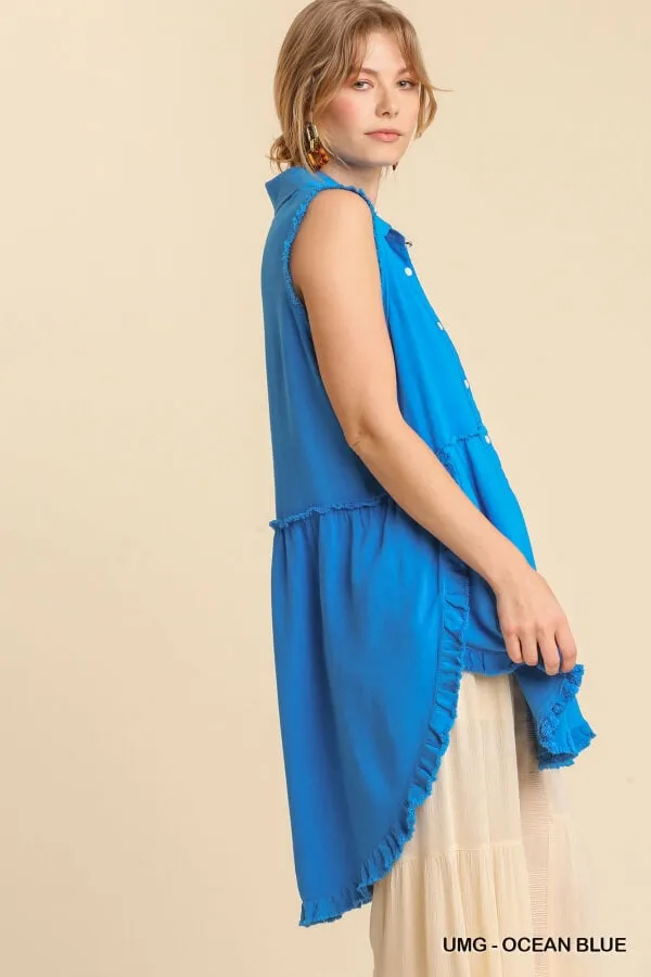 Frayed Sleeveless Tunic, Ocean Blue