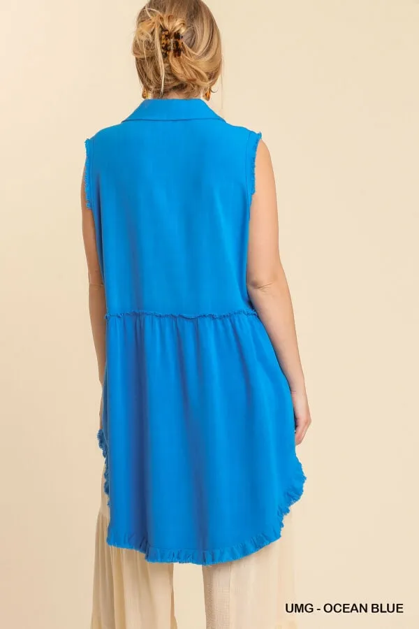 Frayed Sleeveless Tunic, Ocean Blue