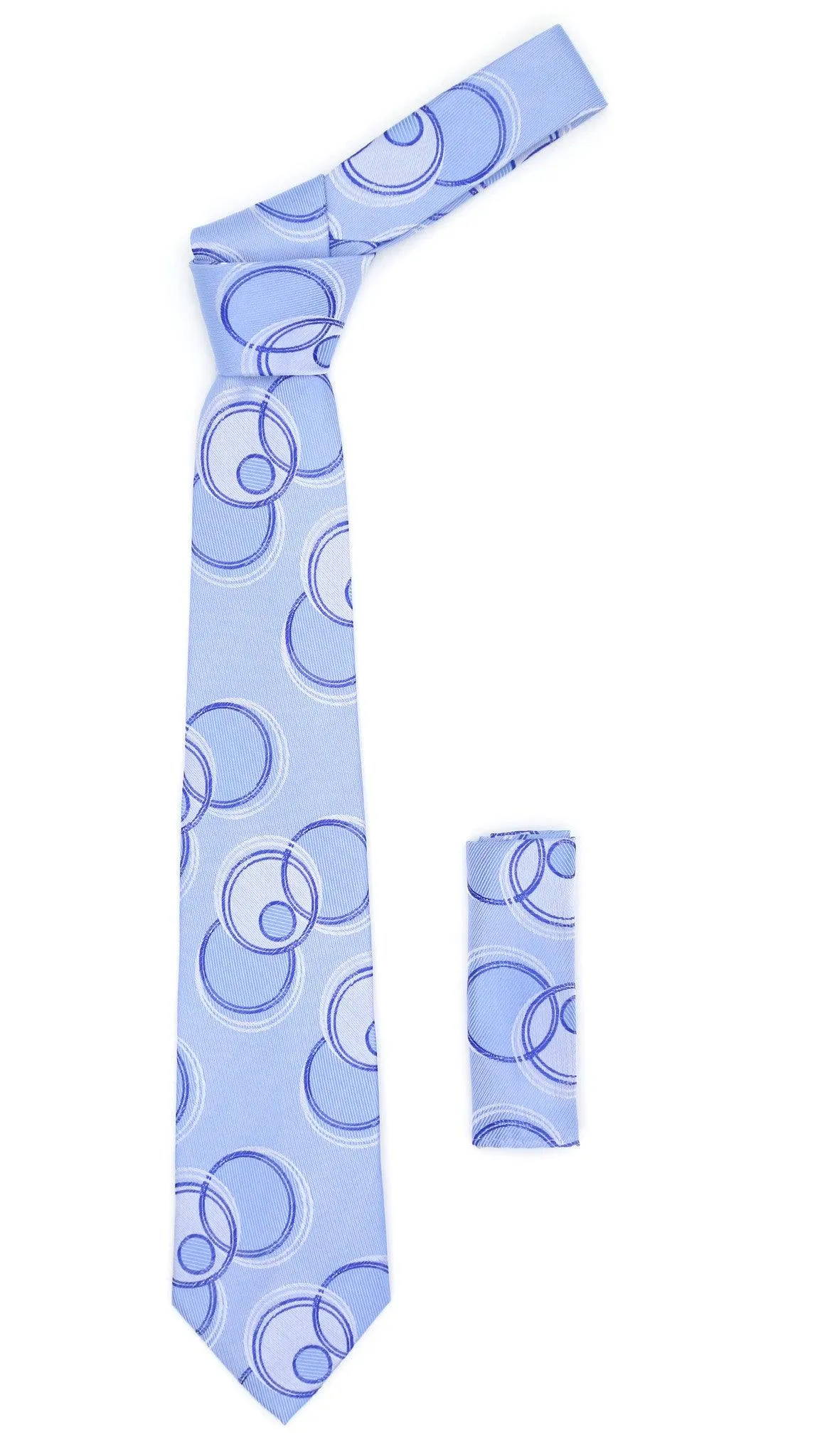 Geometric Baby Blue Necktie w. Outline Grey & Dark Blue Circles w. Hanky Set