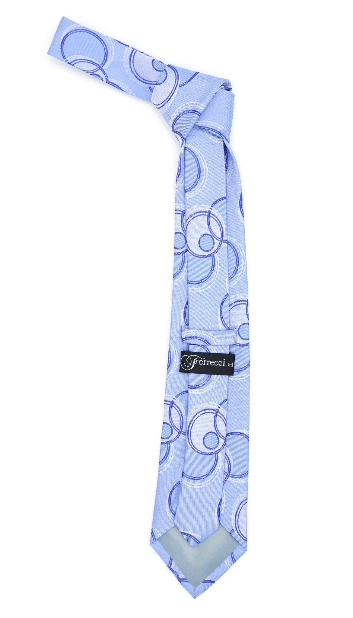 Geometric Baby Blue Necktie w. Outline Grey & Dark Blue Circles w. Hanky Set