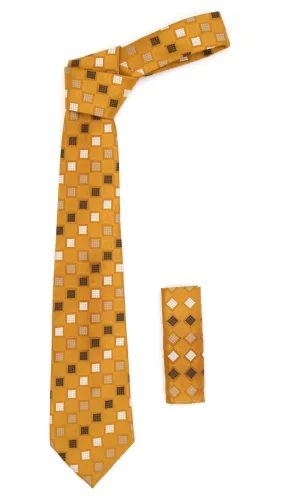 Geometric Burnt Orange Necktie w. White Brown and Tan Squares with Hanky Set