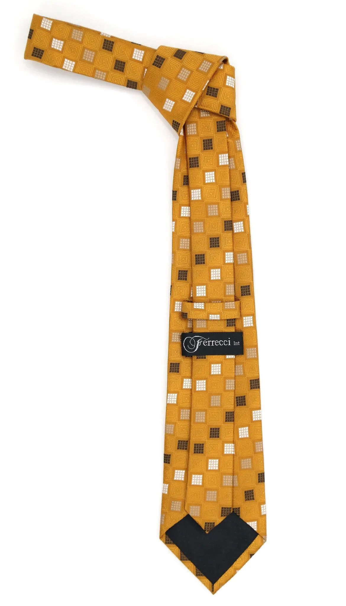 Geometric Burnt Orange Necktie w. White Brown and Tan Squares with Hanky Set