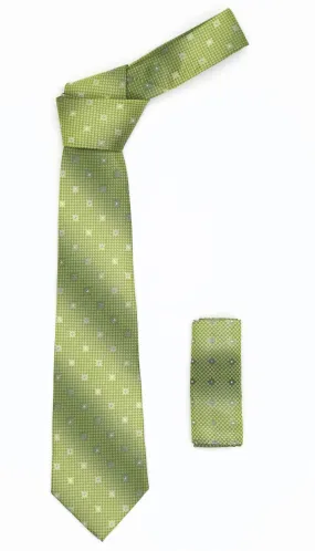 Geometric Olive Green Necktie w. Diamond Shaped Pattern Hanky Set