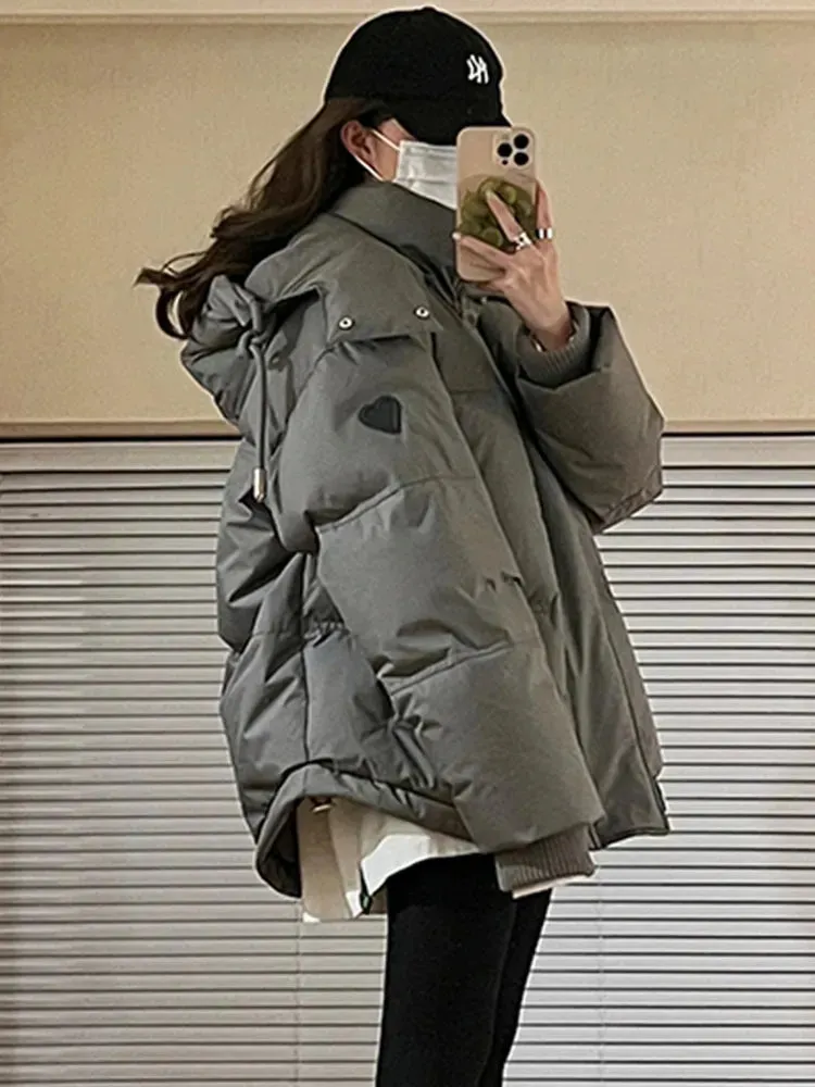 Gery Down Cotton Jacket Women Hooded Parkas Winter Padded Coat Thick Warm Love Embroidery Loose Puffer Female Snow Outwear