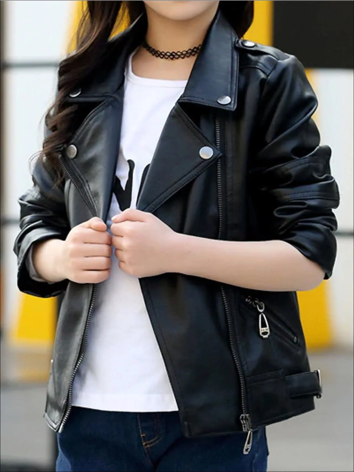 Girls Synthetic Leather Moto Jacket