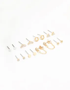 Gold Stud & Chain Diamante Earrings 8-Pack