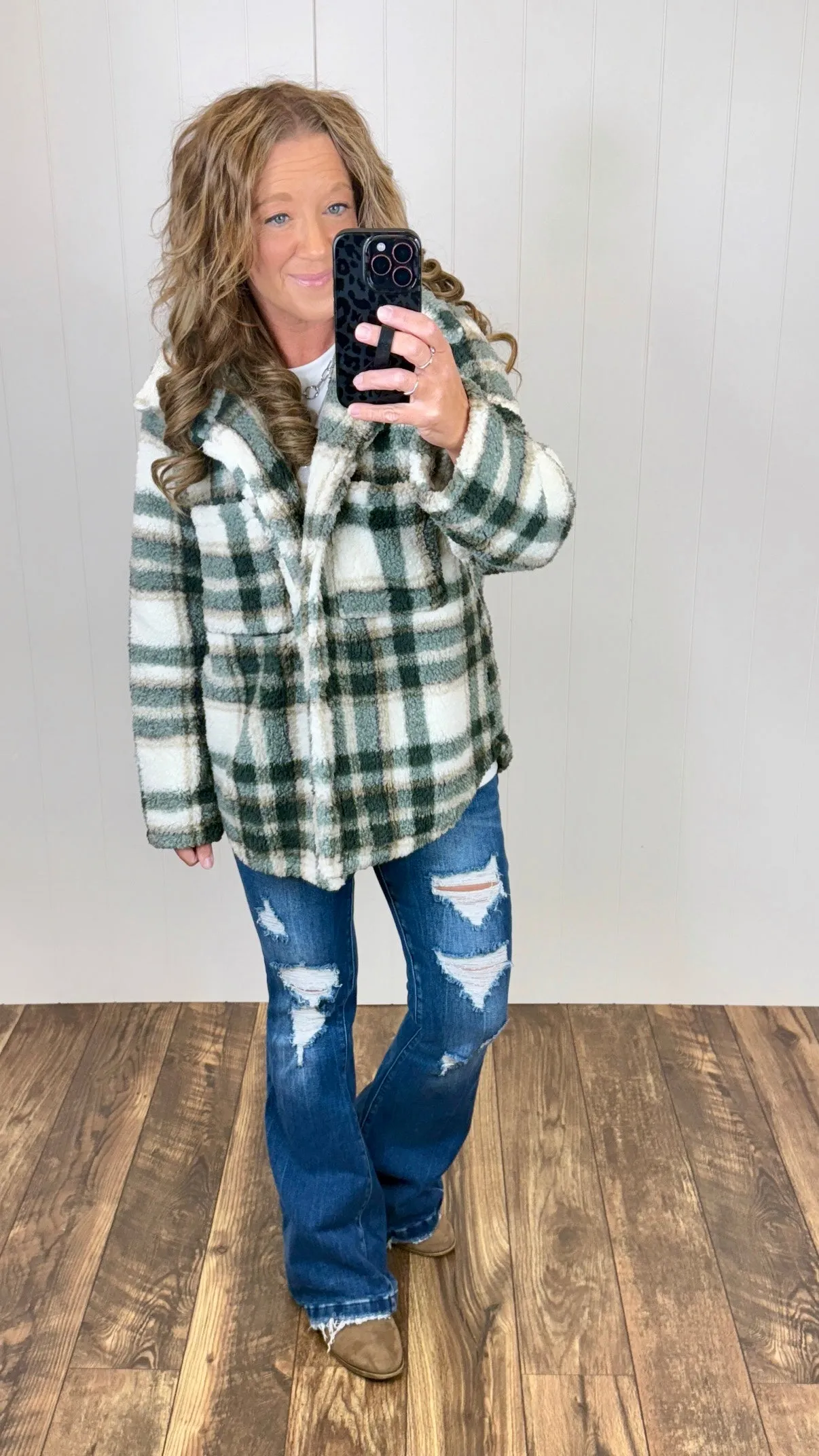 Green & Cream Plaid Sherpa Jacket